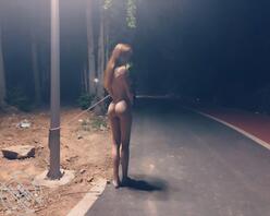 就喜欢把逼露出来---路灯杆下有个全裸美女露，被栓上绳子了，谁把她牵走吧1